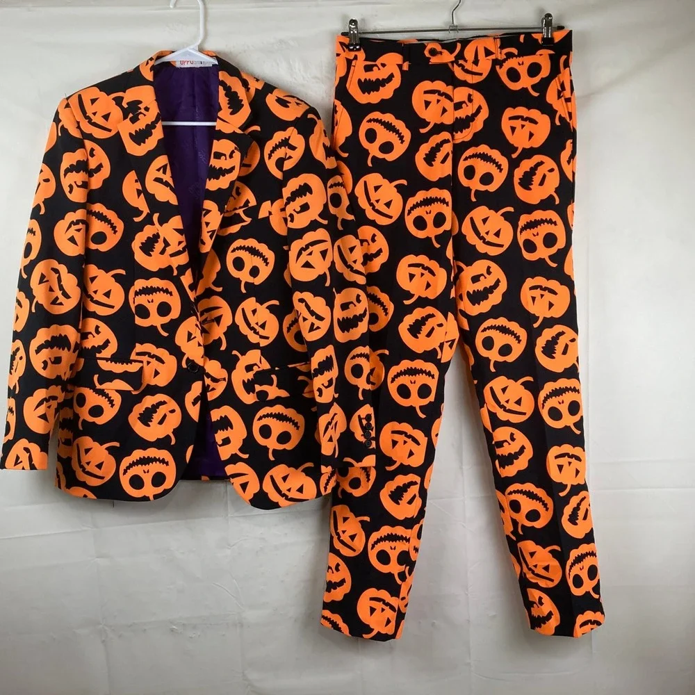 OppoSuits Pumpkin Suit Mens 38 Black Orange Halloween Costume 2pc Party Wear Set